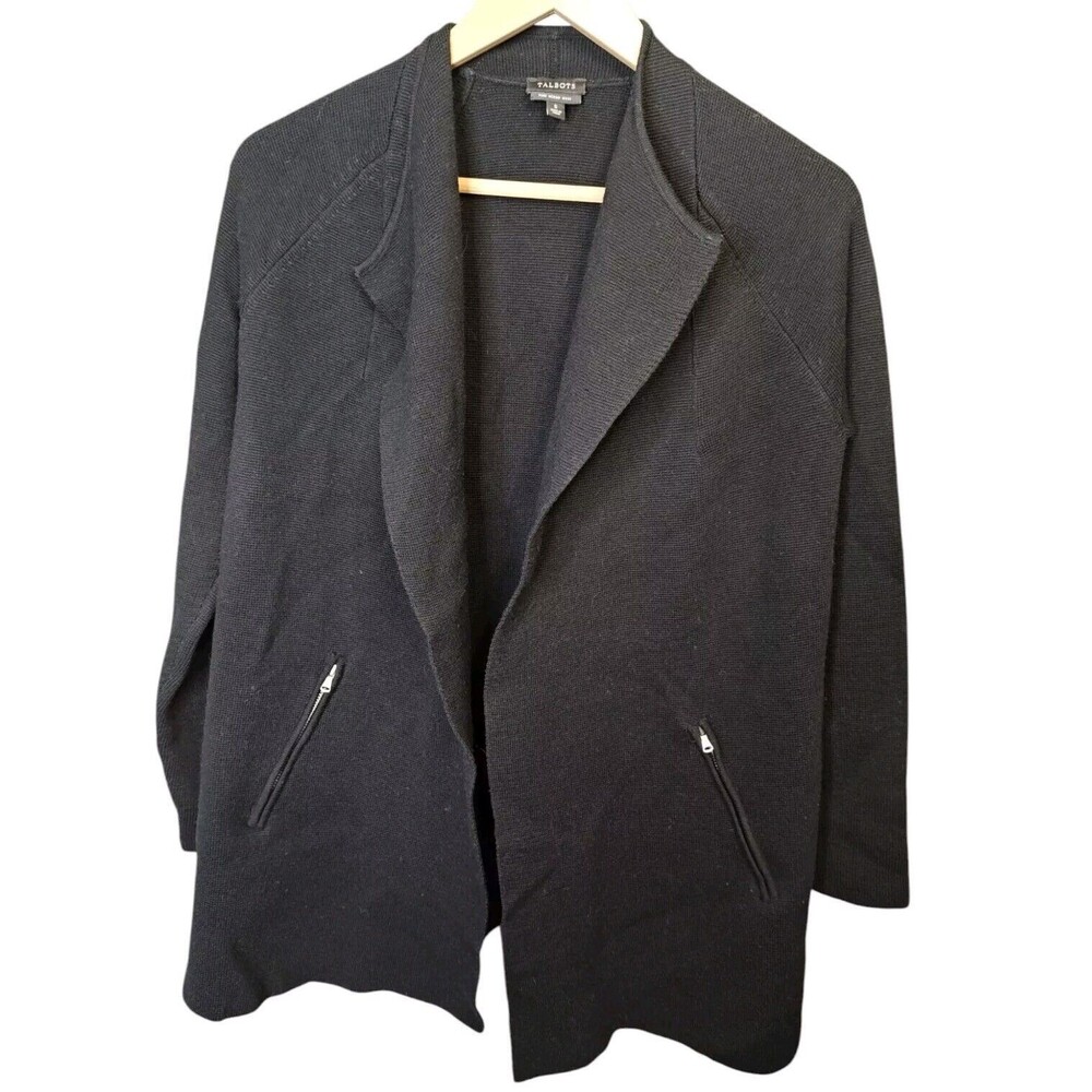 Talbots Merino Wool Black Open Front Jacket Sweater Small Office Career Travel - Picture 2 of 5